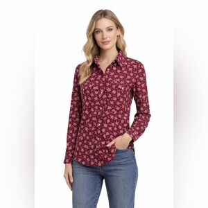 Vintage Wrangler Womens 3XL Floral Western Shirt Maroon Pearl Snaps Long Slv EUC